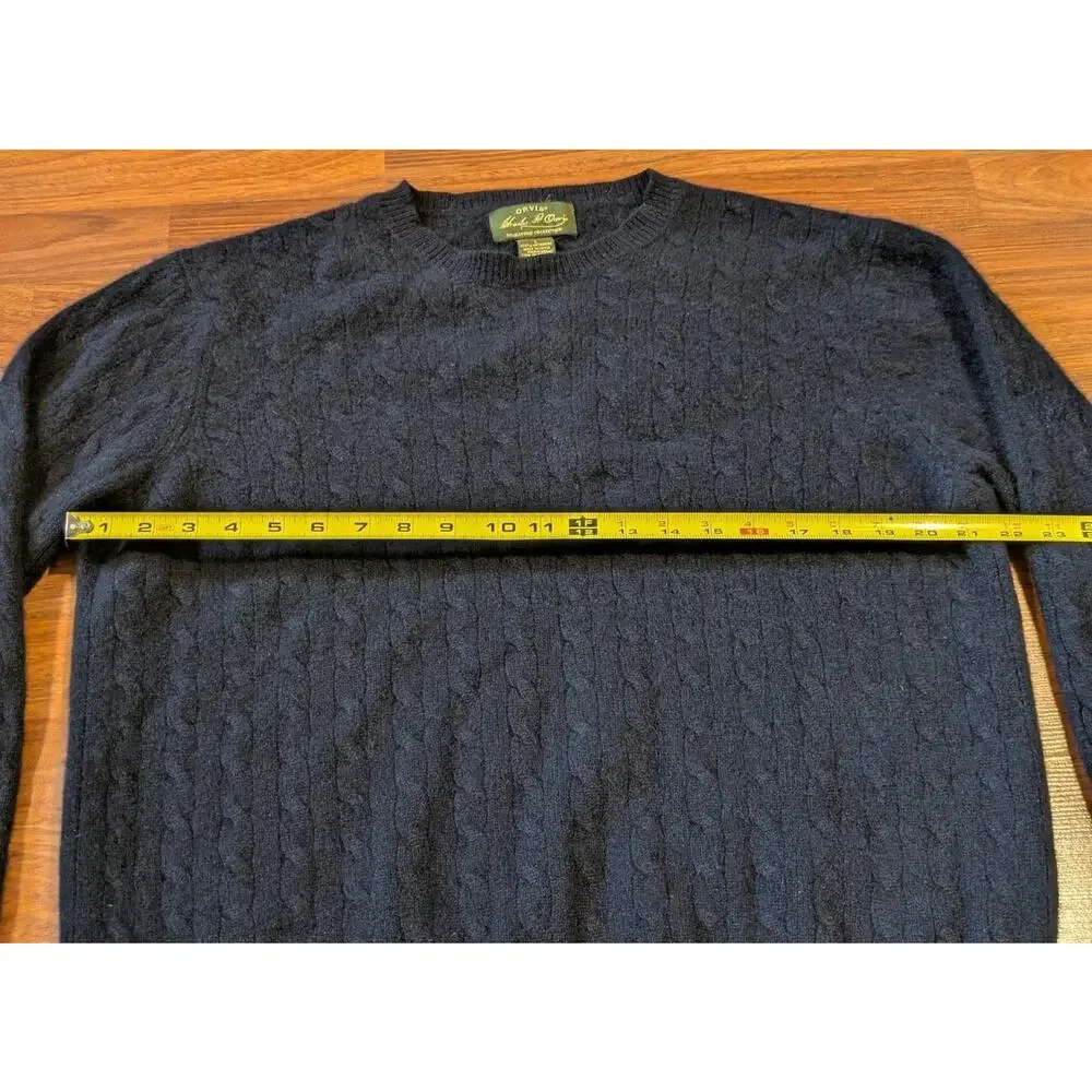 Orvis 100% Cashmere Sweater Mens L Navy Cable Knit Suede Elbow Patch Crewneck